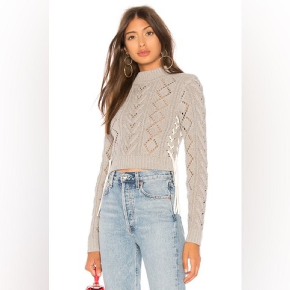 Lovers & Friends Lace Up Crop Sweater Crochet Grey Small
